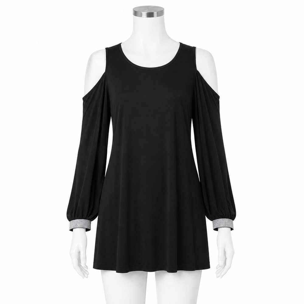 NWT DressBarn Cold Shoulder Shift Dress Black Rhinestone Cuffs Womens L Party